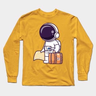 Cute Astronaut Travelling With Map And Suitcase Cartoon Long Sleeve T-Shirt